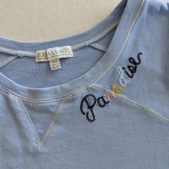 PJ Salvage Paradise Embroider Sweatshirt Short Sleeve Lightweight Sky Blue L NWT - Picture 3 of 11